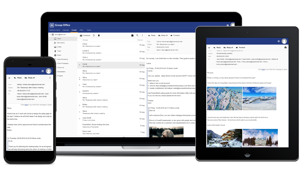 You can access PolarisMail's professional email hosting from any device using the modern Webmail GroupOffice You can access PolarisMail's professional email hosting from any device using the modern Webmail GroupOffice