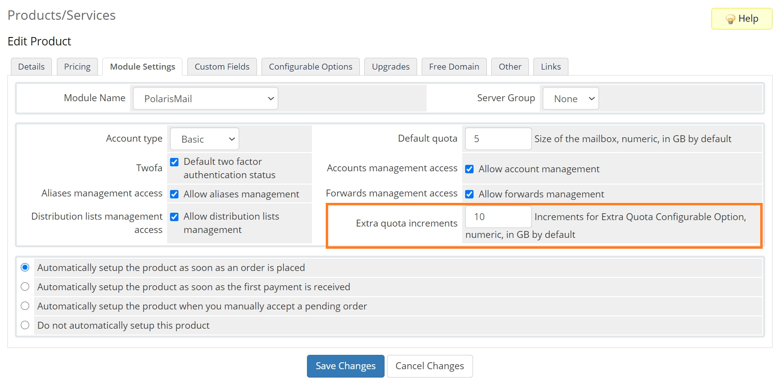 WHMCS - Product settings for Extra Quota Increments