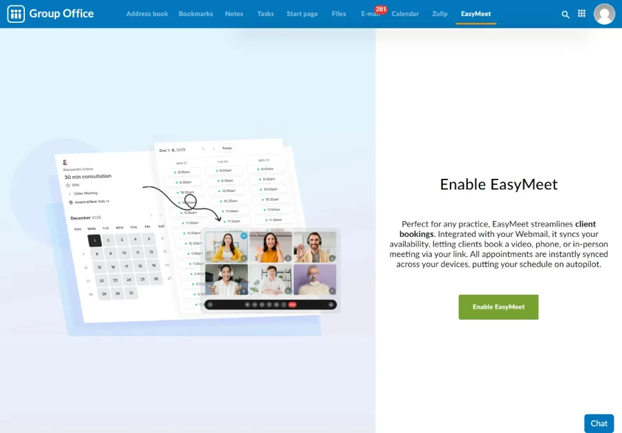 Enable online appointment scheduling a screenshot of the EasyMeet setup screen within the PolarisMail webmail interface Enable online appointment scheduling a screenshot of the EasyMeet setup screen within the PolarisMail webmail interface