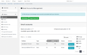 WHMCS - Client Area - Accounts - Mailbox actions