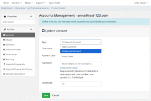 WHMCS - Client Area - Accounts - Upgrade or downgrade a mailbox type - Basic or Enhanced