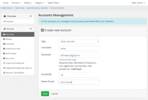 WHMCS - add a new mailbox - form filled in