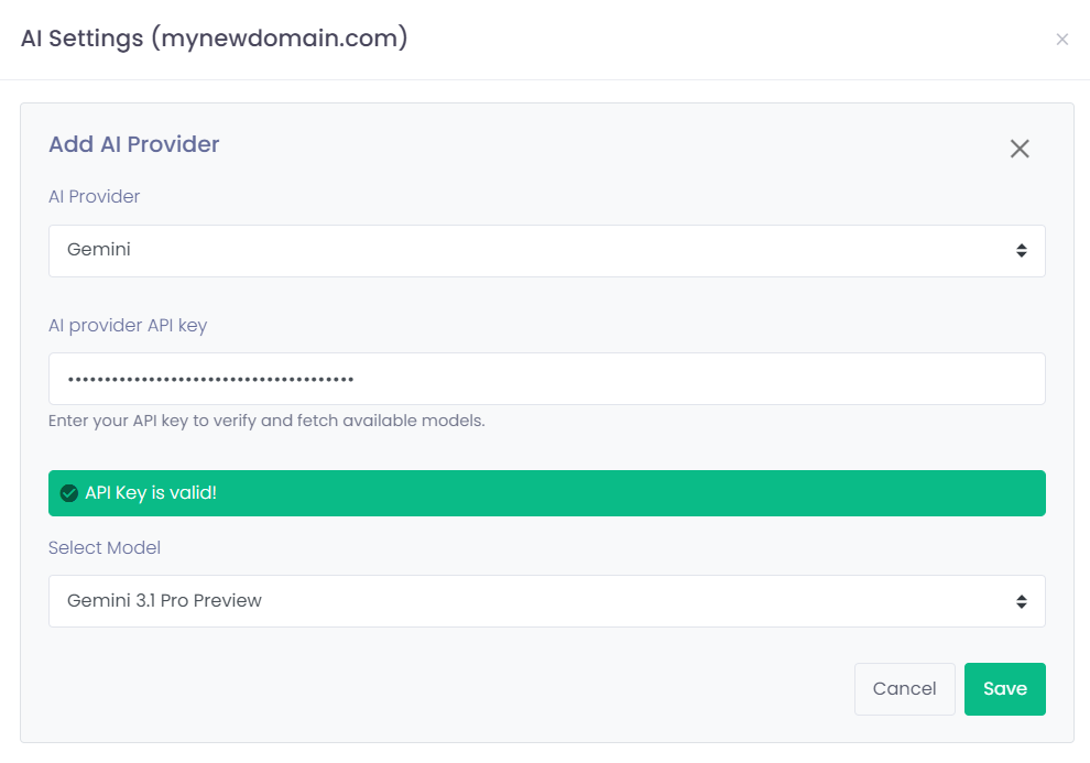 PolarisMail Admin Panel — AI Provider configuration screen showing API key input and model selection